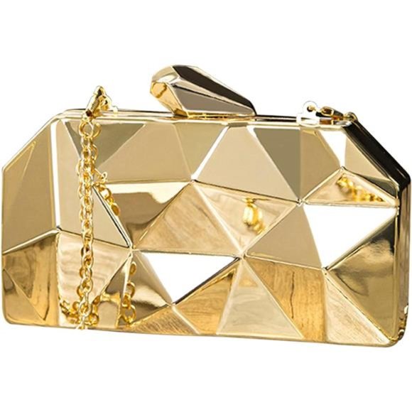 Women Lattice Pattern Metal Handbag Chain Geometric Evening Clutch Purse - Picture 1 of 6
